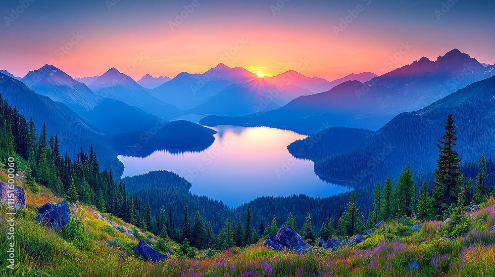 Obraz premium Majestic sunrise over a serene mountain lake.