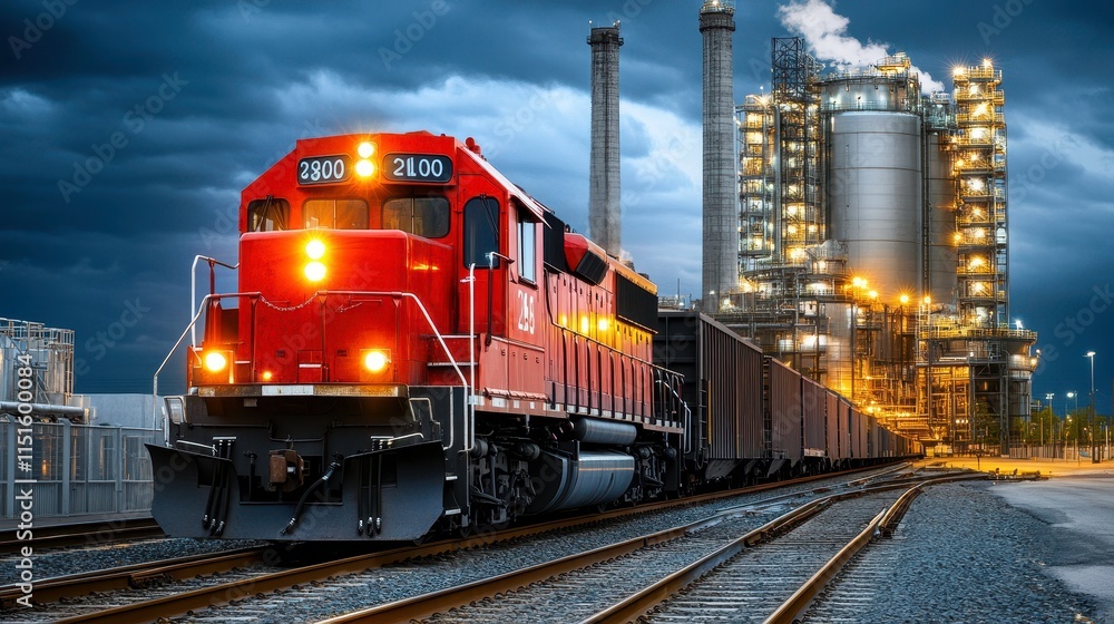 Industrial Train at Sunset with Dramatic Sky and Power Plant Background, Capturing the Essence of Modern Transportation and Energy Production Industrial Train at Sunset with Dramatic Sky and Power Plant Background, Capturing the Essence of Modern Transportation and Energy Production