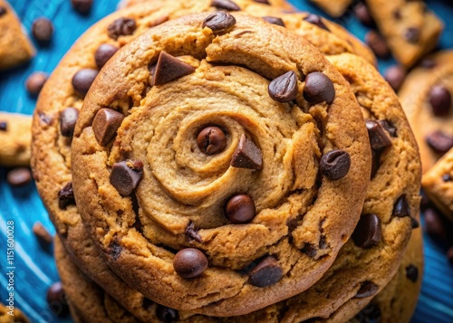 Swirls of chocolate chip cookie dough in macro oatmeal, baked perfection against a vibrant blue. photo