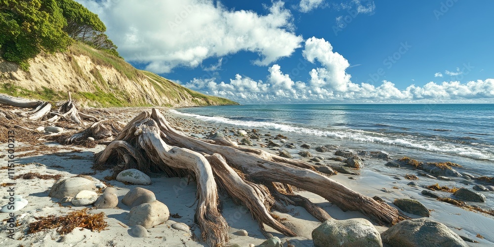 Obraz premium Driftwood roots scattered along a serene beach create a mesmerizing natural landscape. The driftwood roots enhance the coastal scenery, inviting reflection on nature s beauty.