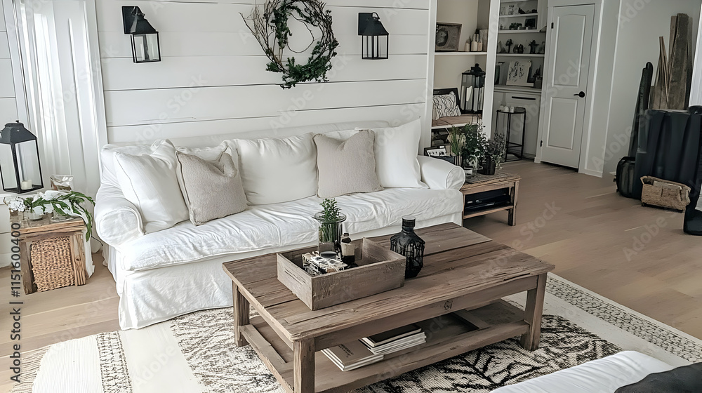 Obraz premium Modern Farmhouse Living Room Decor: Cozy Interior Design