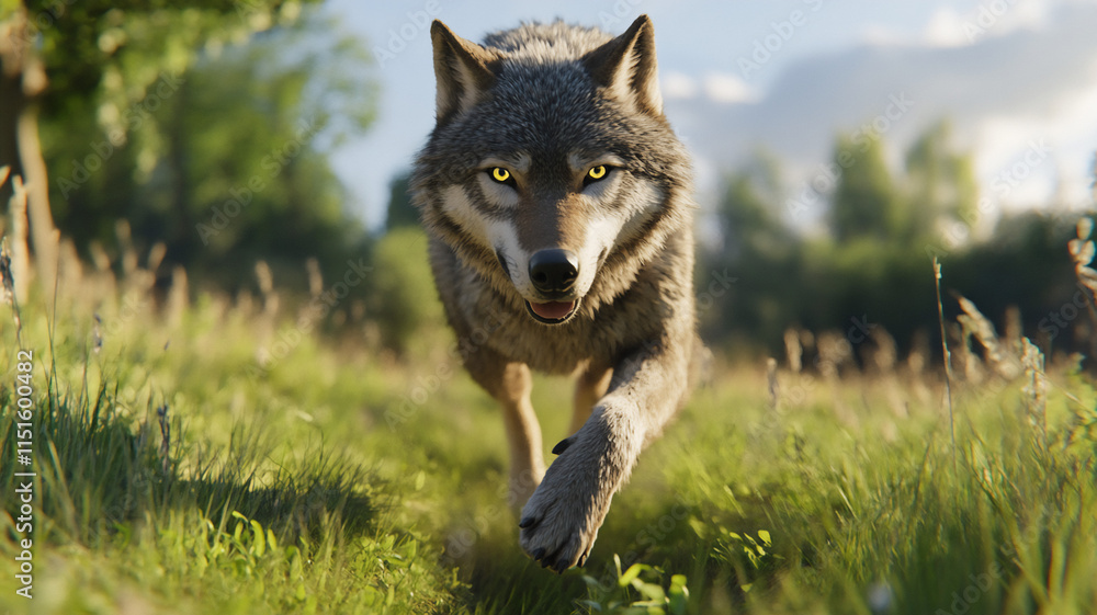 running wolf during mid-day in a grassfield with a eye-level angle running wolf during mid-day in a grassfield with a eye-level angle