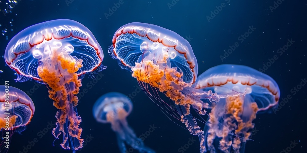 Naklejka premium Jellyfish gracefully swim in the ocean, showcasing their captivating jellyfish allure. This underwater scene captures the beauty of jellyfish and their unique tentacles among marine life.