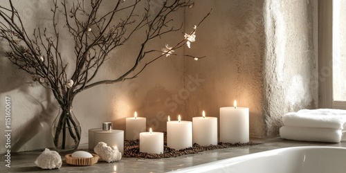 White candles, soil, branches, and flowers create an unusual decoration in the bathroom. This unique display of white candles adds character, despite the wet and dirty wall and floor in the corner.