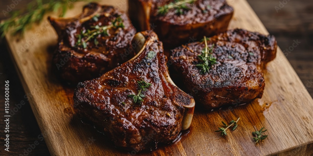 Old pan fried meat with bone is displayed beautifully on a wooden background, showcasing the rich textures of the old pan fried meat from a top view perspective.
