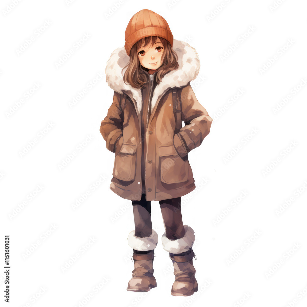 A digital illustration of a smiling anime girl wearing a brown winter coat, hat, and boots. A digital illustration of a smiling anime girl wearing a brown winter coat, hat, and boots.