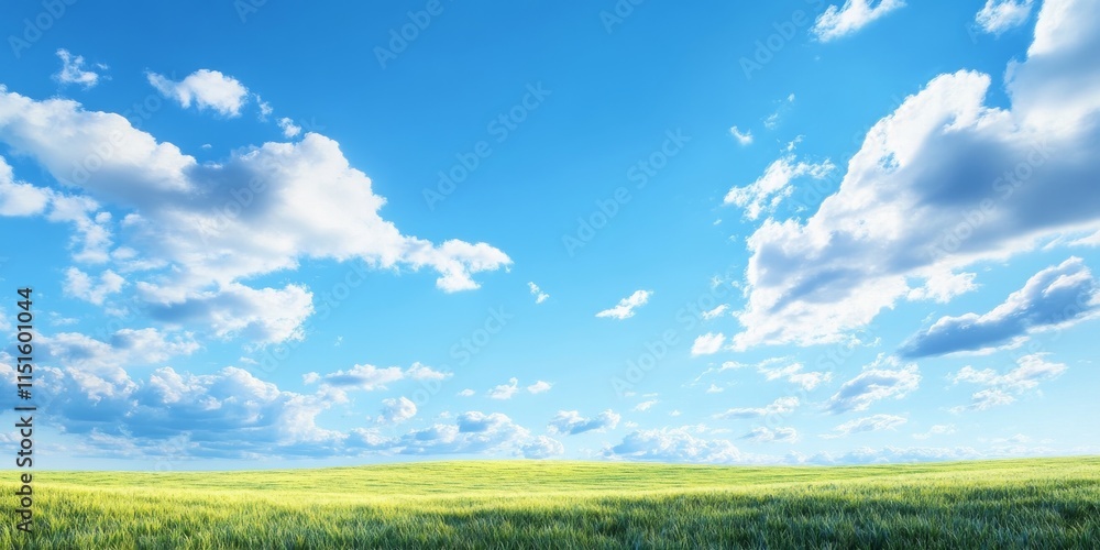 Vast field under a bright blue sky adorned with fluffy clouds, showcasing the beauty of nature with an expansive view of the field complemented by the serene blue sky and clouds.
