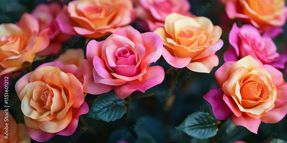 Obraz premium Close up of vibrant orange and pink artificial roses, perfect for enhancing wedding decor and creating beautiful floral arrangements with lifelike appearance. Ideal for celebrations and decorations.
