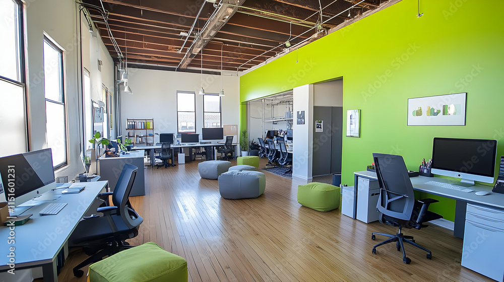 Modern Open Plan Office with Green Wall and Wooden Floor Modern Open Plan Office with Green Wall and Wooden Floor