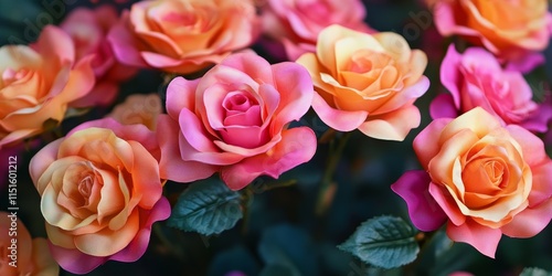 Close up of vibrant orange and pink artificial roses, perfect for enhancing wedding decor and creating beautiful floral arrangements with lifelike appearance. Ideal for celebrations and decorations.