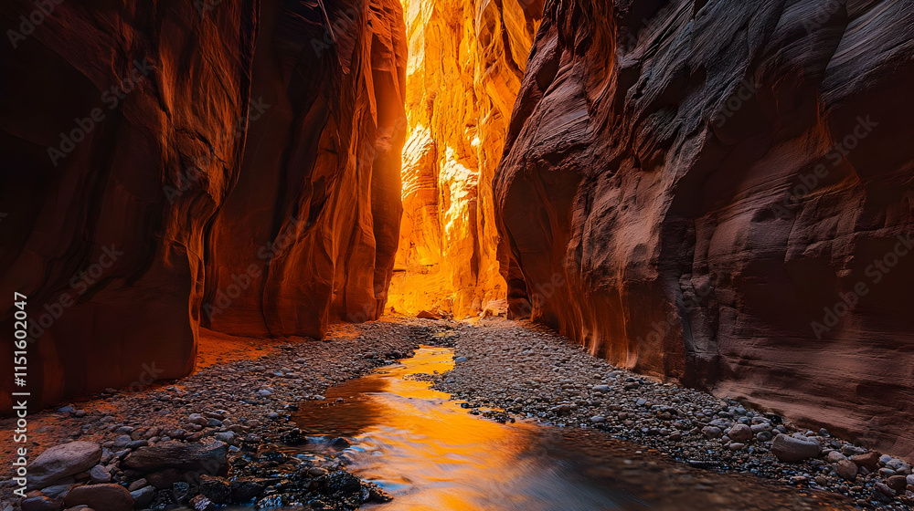 Fototapeta premium Majestic Canyon Landscape: A Serene River Flows Through Vibrant Red Rocks