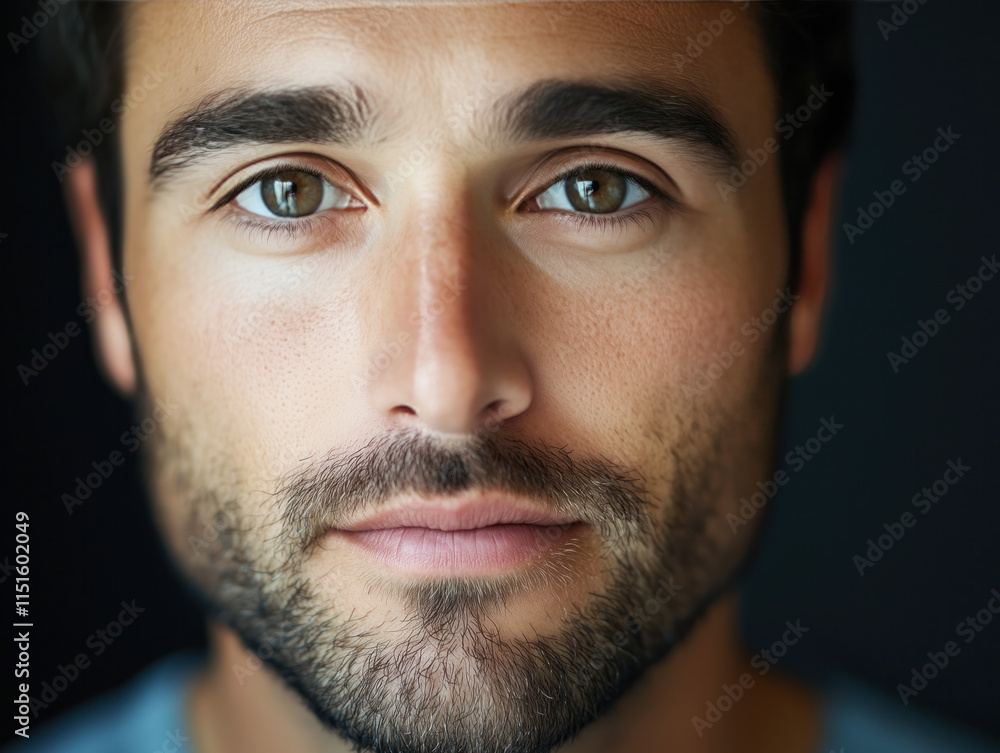 Obraz premium A detailed close-up portrait of a man in his 30s with stubble, highlighting his distinct facial features and expressive emotions.