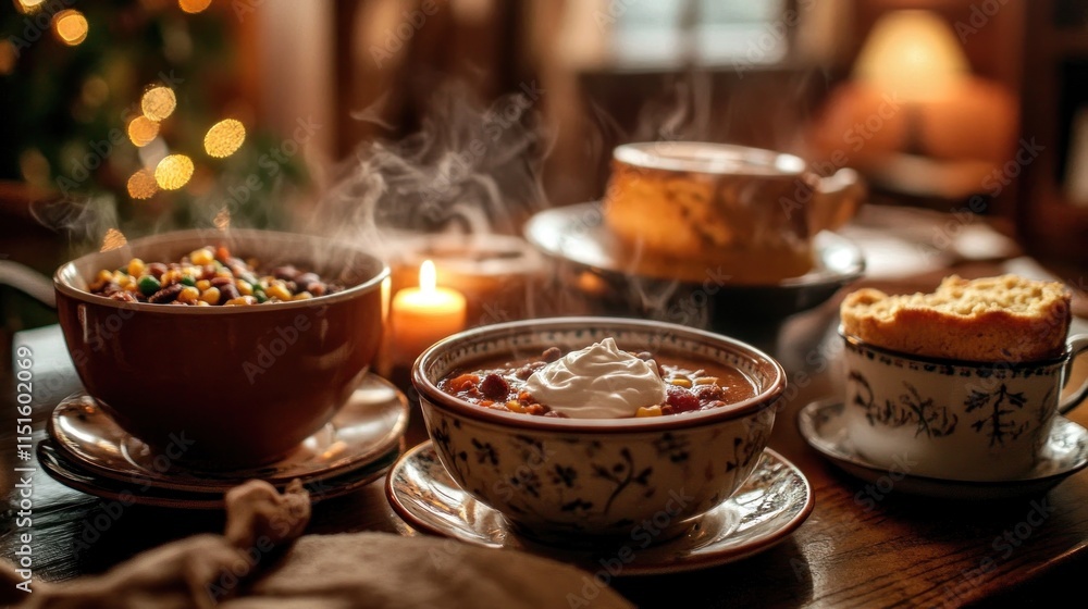 Fototapeta premium Cozy Winter Dinner: Warm Chili, Cornbread, and Festive Ambiance