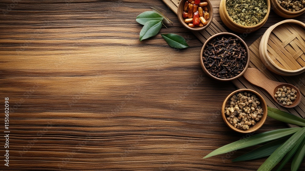 Assortment of herbs, spices, and pills arranged on a wooden table with green leaves, creating a natural and healthy atmosphere. Assortment of herbs, spices, and pills arranged on a wooden table with green leaves, creating a natural and healthy atmosphere.