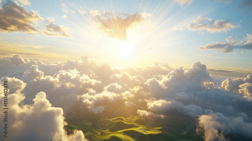 Dramatic sunburst over rolling hills nature landscape cloudy sky scenic view beautiful day Dramatic sunburst over rolling hills nature landscape cloudy sky scenic view beautiful day