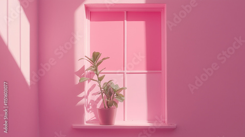  window on pinkhouse facade , plants in pot photo