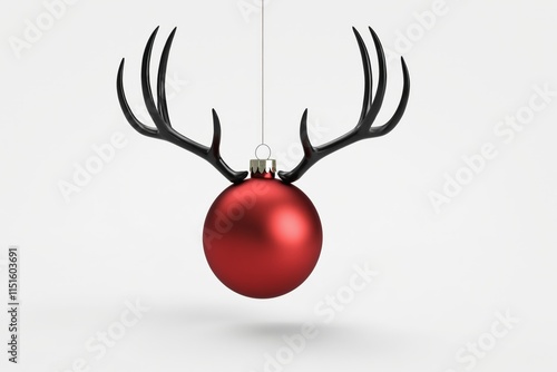 Red christmas ornament hangs with black reindeer antler photo