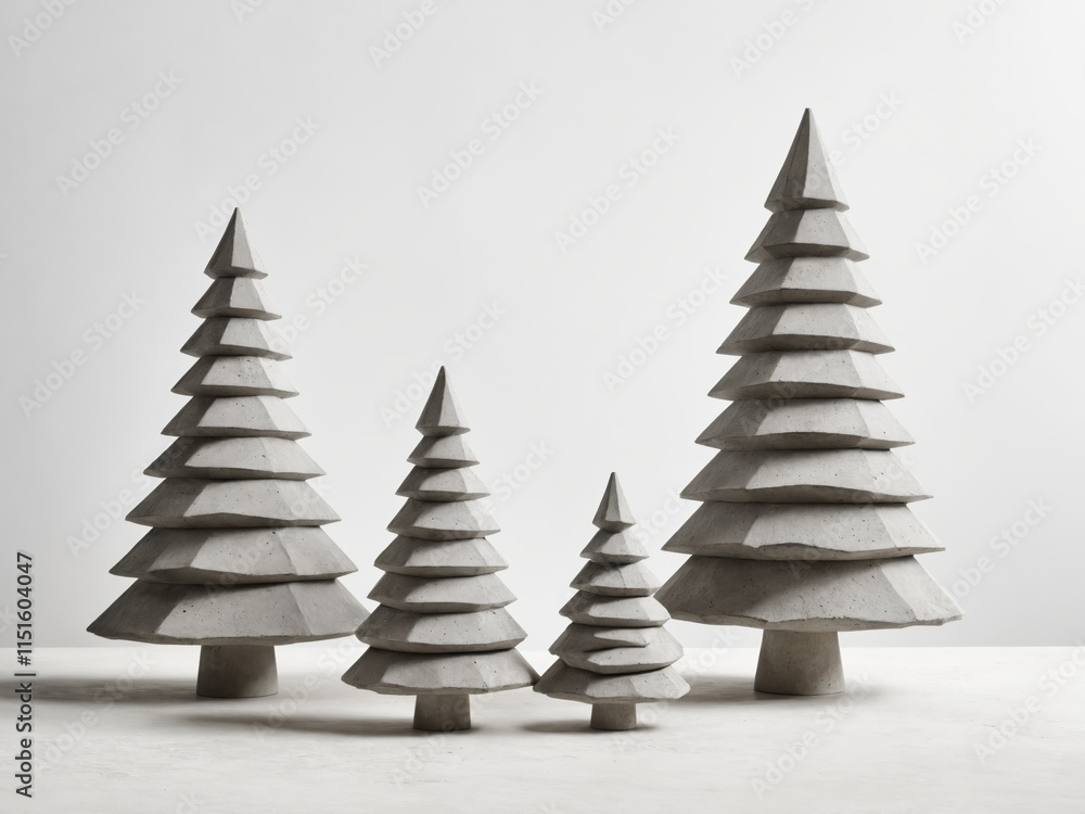 Fototapeta premium Four concrete Christmas tree decorations stand on a white surface