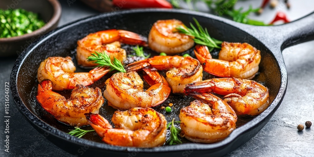 Delicious shrimps expertly cooked on a cast iron skillet, showcasing the vibrant colors and appetizing texture of shrimps. A perfect representation of culinary skills with shrimps in focus. Delicious shrimps expertly cooked on a cast iron skillet, showcasing the vibrant colors and appetizing texture of shrimps. A perfect representation of culinary skills with shrimps in focus.