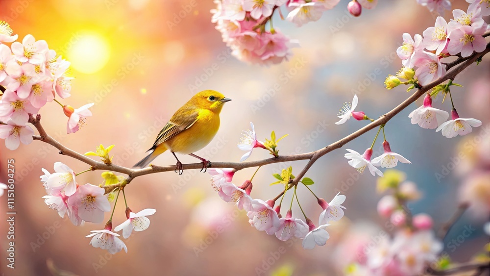 Serene springtime scene A small yellow bird perched delicately on a blossoming branch, bathed in warm sunlight. Serene springtime scene A small yellow bird perched delicately on a blossoming branch, bathed in warm sunlight.