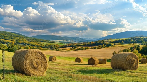 Panoramic view of a field featuring haystacks, showcasing the art of haymaking in a stunning rural landscape during the autumn season. The beauty of agriculture in the countryside is highlighted.