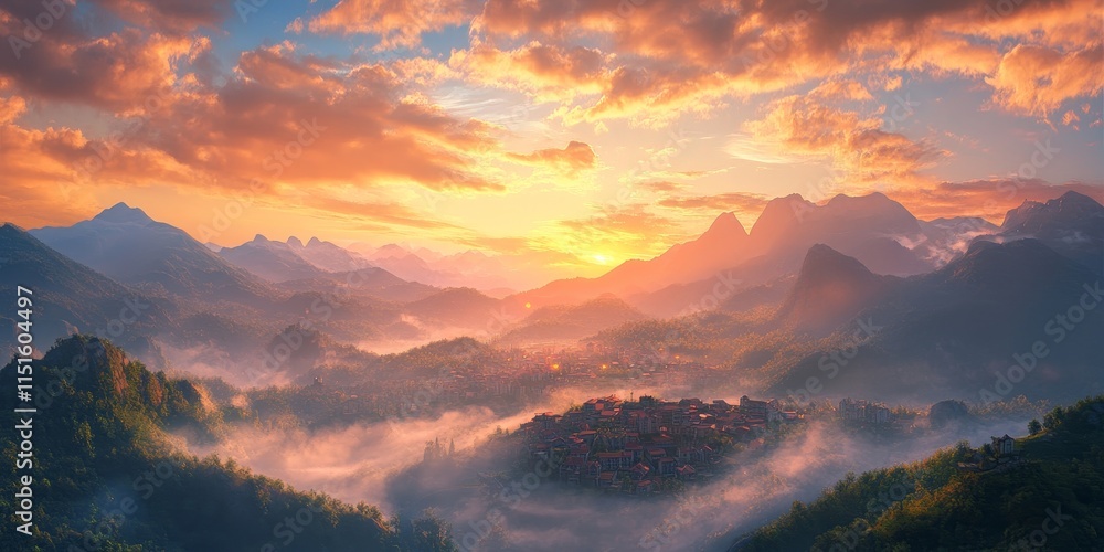 Scenic mountain landscape featuring golden low clouds hovering above a village, set against mountain silhouettes under a dawn cloudy sky. This atmospheric mountain landscape captures the beauty of Scenic mountain landscape featuring golden low clouds hovering above a village, set against mountain silhouettes under a dawn cloudy sky. This atmospheric mountain landscape captures the beauty of