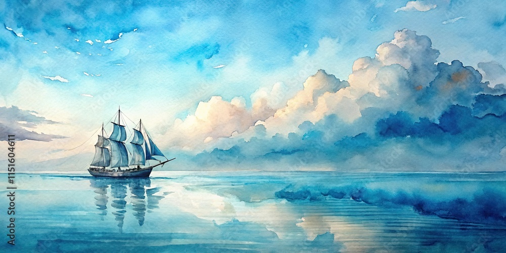 Obraz premium Serene Seascape A Tall Ship Sails Under a Dramatic Sky of Blue and White Clouds