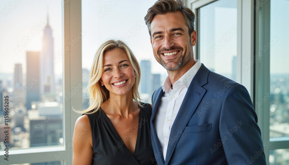 Smiling couple in business attire with city skyline
Smiling couple in business attire with city skyline