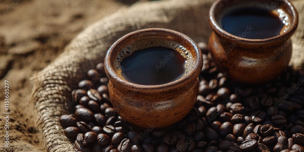 Fototapeta premium Ethiopic hot coffee served in a cup, accompanied by dark coffee beans, showcases the rich flavors and aromas of Ethiopia s coffee traditions with a focus on Ethiopian coffee culture.