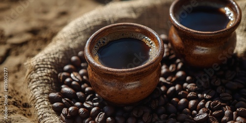 Ethiopic hot coffee served in a cup, accompanied by dark coffee beans, showcases the rich flavors and aromas of Ethiopia s coffee traditions with a focus on Ethiopian coffee culture. photo