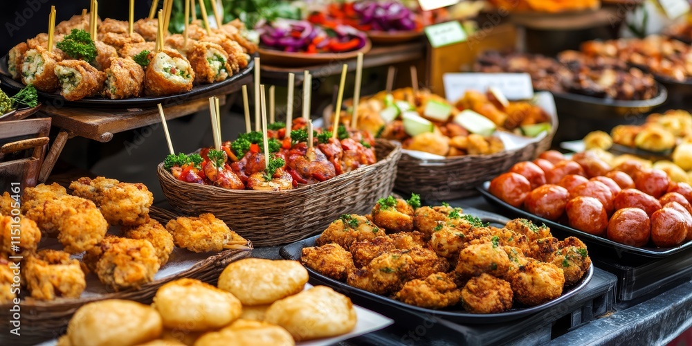 Obraz premium Savory finger food available at a vibrant market, showcasing an array of delicious finger food options that entice your taste buds and elevate any culinary experience with delightful flavors.
