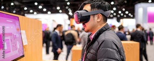 Consumer Electronics Show concept. A person experiences virtual reality technology at an exhibition, wearing a VR headset and interacting with a display in a bustling environment.
