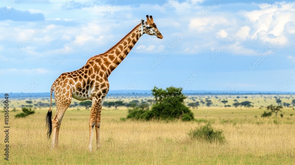 Fototapeta premium Giraffe in the African Savanna under a Cloudy Sky
