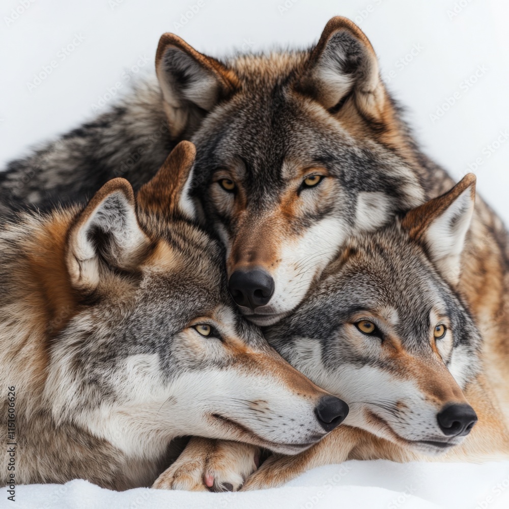 Fototapeta premium three wolves huddled together in the snow