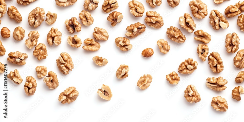 A multitude of walnut seeds displayed, showcasing isolated nuts on a clean white background, offering a top view perspective of these delicious walnut seeds. Ideal for culinary themes. A multitude of walnut seeds displayed, showcasing isolated nuts on a clean white background, offering a top view perspective of these delicious walnut seeds. Ideal for culinary themes.