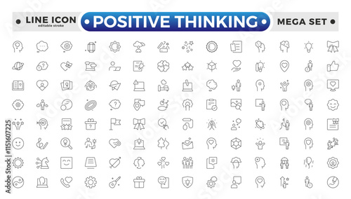 positive thinking outlines icon set. Psychology and mental line icons collection. Big UI icon set in a flat design. It contains self-care, optimism, love. Editable stroke outline icon.