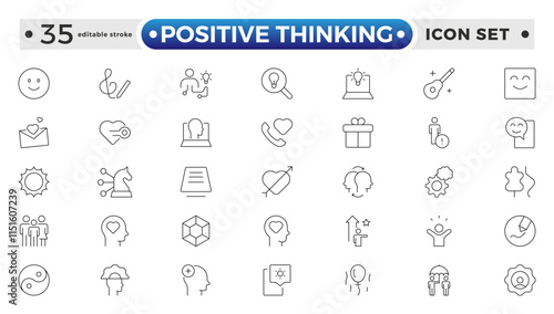 positive thinking outlines icon set. Psychology and mental line icons collection. Big UI icon set in a flat design. It contains self-care, optimism, love. Editable stroke outline icon.