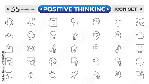 positive thinking outlines icon set. Psychology and mental line icons collection. Big UI icon set in a flat design. It contains self-care, optimism, love. Editable stroke outline icon.