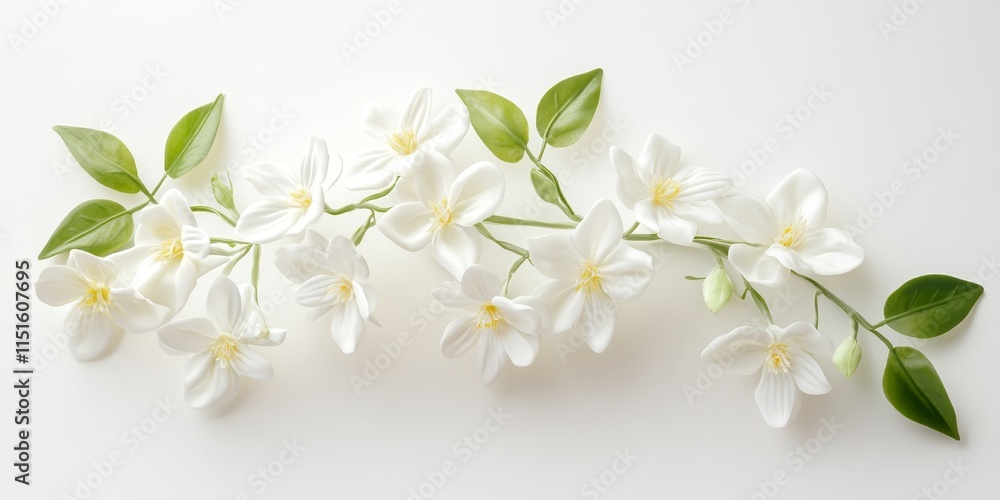 Fototapeta premium Beautiful plastic jasmine blooms elegantly against a white background, showcasing the delicate features of plastic jasmine flowers in a visually appealing composition.