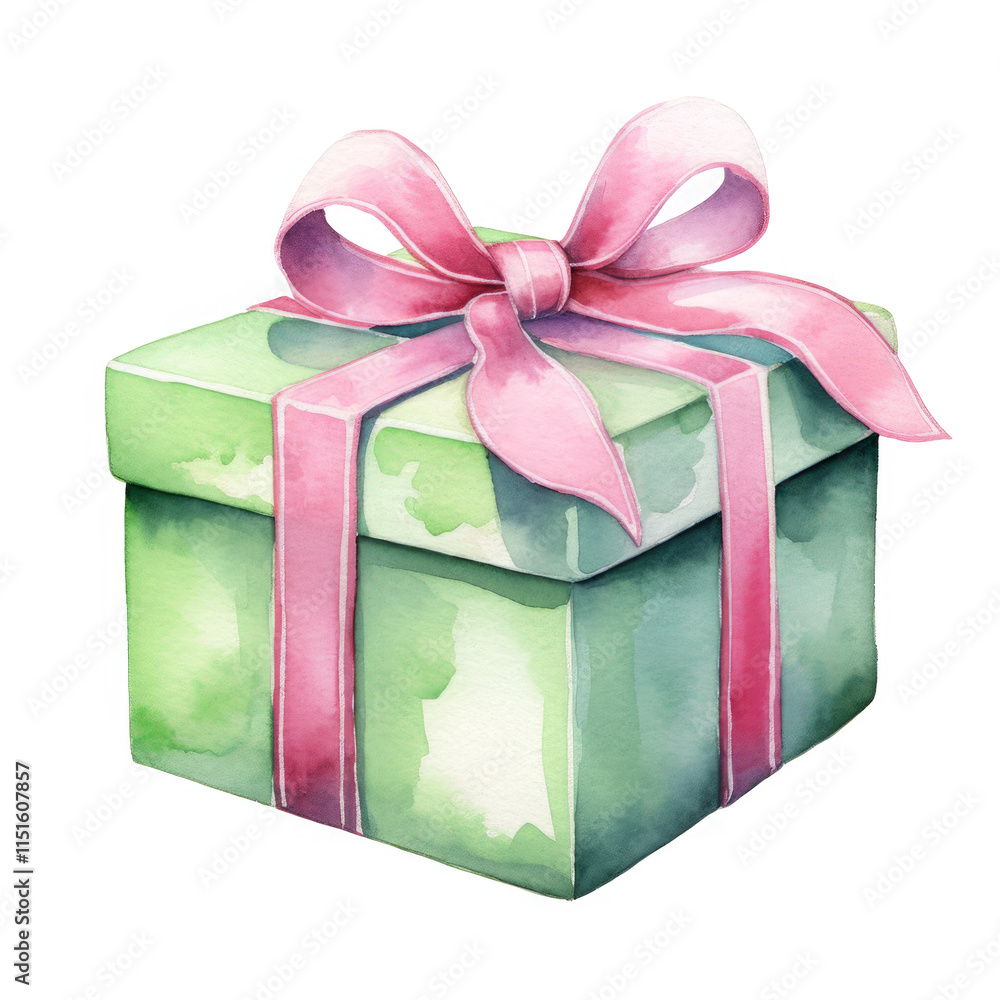 Obraz premium Watercolor Painting Of A Green Gift Box With Pink Ribbon