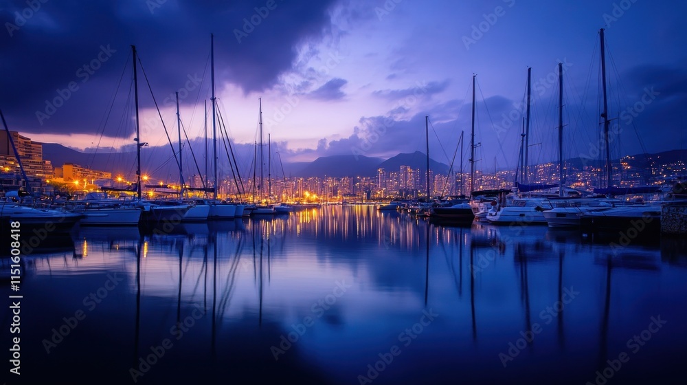Serene Twilight Harbor: Cityscape Reflection in a Marina Serene Twilight Harbor: Cityscape Reflection in a Marina