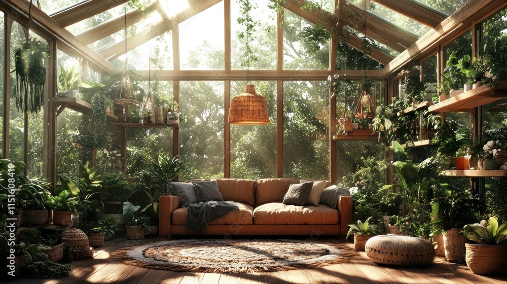 Fototapeta premium Sunlit conservatory with leather sofa, plants, and wooden shelves.