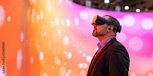 A man wearing a VR headset stands against a vibrant, colorful background, immersed in a virtual experience at a technology event.