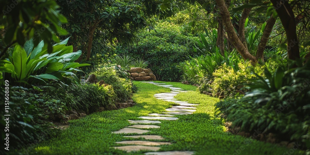 Fototapeta premium Winding pathway adorned with vibrant, lush greenery all around, creating a picturesque and tranquil atmosphere in the environment.