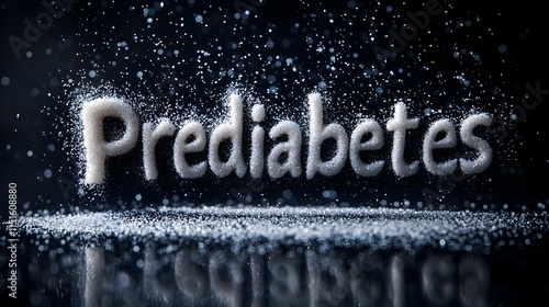 Sugar granules create the word prediabetes on a reflective surface in a dark setting photo