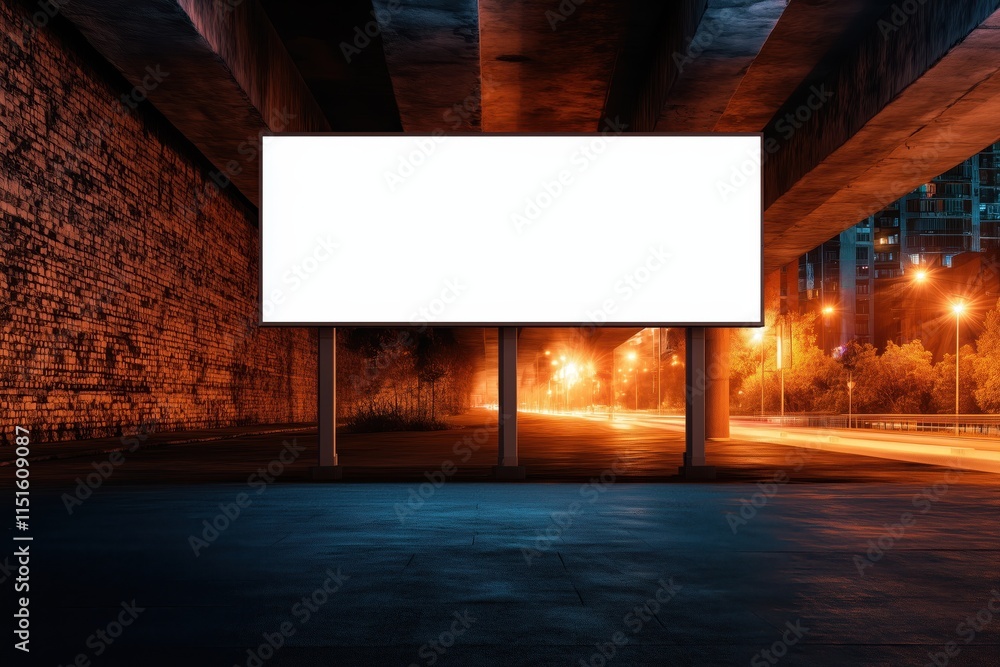 Large white billboard mockup under urban overpass with contemporary background showcasing city life at night Large white billboard mockup under urban overpass with contemporary background showcasing city life at night