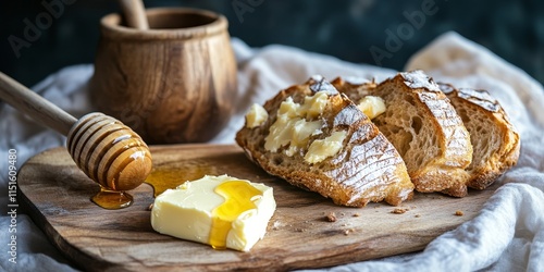 On a countryside table, there is freshly baked bread, creamy butter, and sweet honey, creating a delightful rustic spread.