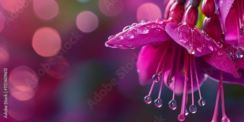 Fuchsia flower adorned with fresh water droplets enhances its vibrant beauty. This fuchsia bloom showcases exquisite details, highlighting the delicate fuchsia petals with glistening droplets.