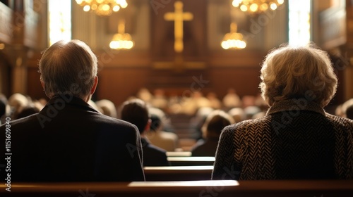 Prayers people attend church on Sundays, cross creating peaceful ambiance. Gathering ceremony or service. Faith, community, togetherness. Parishioners visit Christian Catholic cathedral.