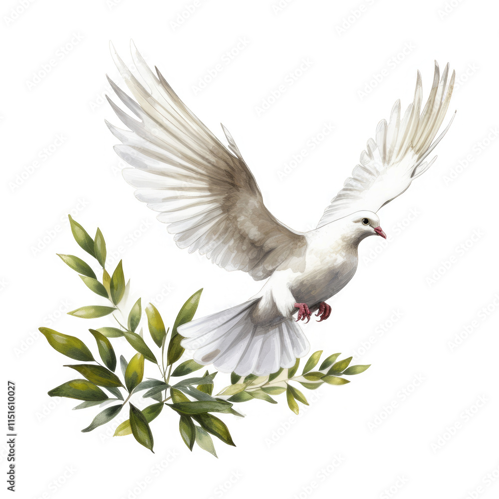 Fototapeta premium A white dove in flight over an olive branch, representing peace and hope.